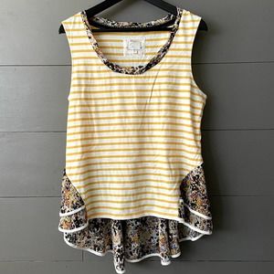 Anthropologie Postmark Flutter Yellow Stripe Floral Tank Top Blouse Size L
